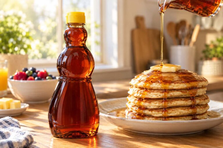 A classic amber-colored Mrs. Butterworth's-style syrup bottle with its distinctive curved shape, standing on a light wood kitchen counter next to a stack of pancakes with syrup being poured over the top, warm morning light coming through a window in the background.
