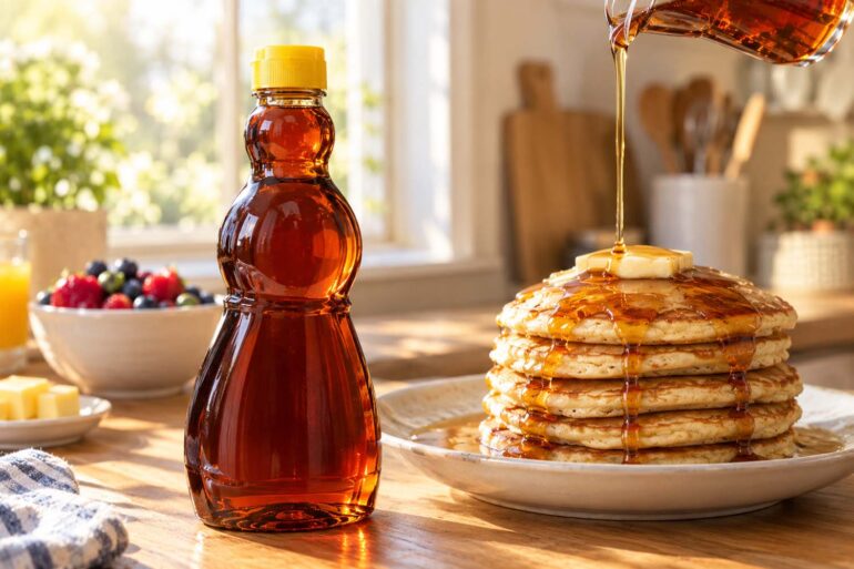 A classic amber-colored Mrs. Butterworth's-style syrup bottle with its distinctive curved shape, standing on a light wood kitchen counter next to a stack of pancakes with syrup being poured over the top, warm morning light coming through a window in the background.