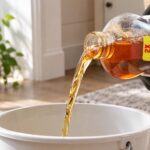 a hand with a black rubber glove pouring pine-sol into a bucket in a home setting