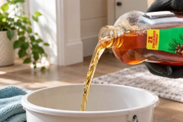 a hand with a black rubber glove pouring pine-sol into a bucket in a home setting
