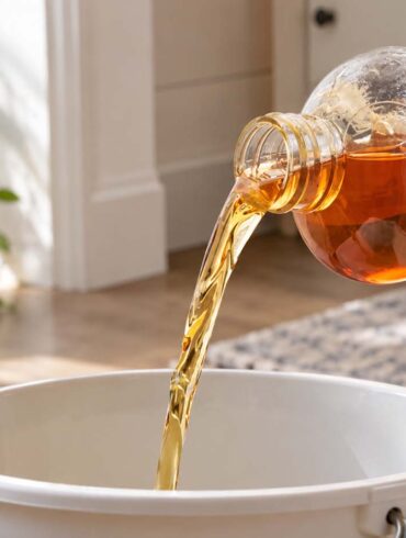 a hand with a black rubber glove pouring pine-sol into a bucket in a home setting