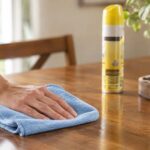 A hand in a cream-colored sweater sleeve uses a light-blue microfiber cloth to wipe a polished wooden dining table. In the softly blurred background, a yellow-topped furniture polish can is visible but its label and branding are indistinct, with a wooden chair, leafy houseplant, and tray adding context to the warm, naturally lit room.
