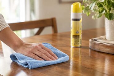 A hand in a cream-colored sweater sleeve uses a light-blue microfiber cloth to wipe a polished wooden dining table. In the softly blurred background, a yellow-topped furniture polish can is visible but its label and branding are indistinct, with a wooden chair, leafy houseplant, and tray adding context to the warm, naturally lit room.