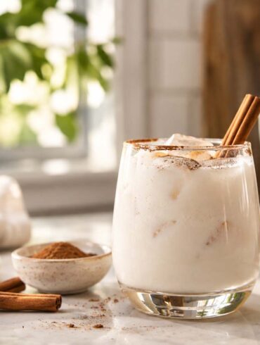 a cocktail made with RumChata on a table next to spices.