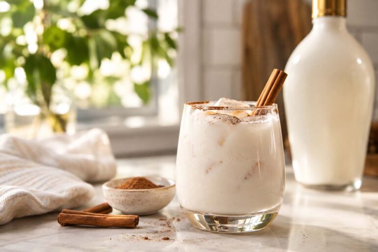 a cocktail made with RumChata on a table next to spices.