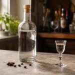Photorealistic still life of a clear bottle filled with colorless sambuca beside a small stemmed glass containing the liqueur on a light stone kitchen counter. A cork-topped bottle stands in the center, with several coffee beans and a star anise pod scattered in front. Warm natural light enters through a nearby window, illuminating green potted plants, while a softly blurred rustic bar area with glassware and bottles appears in the background.