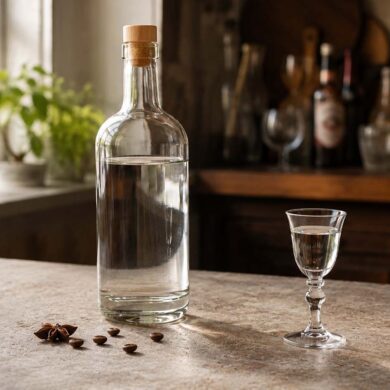 Photorealistic still life of a clear bottle filled with colorless sambuca beside a small stemmed glass containing the liqueur on a light stone kitchen counter. A cork-topped bottle stands in the center, with several coffee beans and a star anise pod scattered in front. Warm natural light enters through a nearby window, illuminating green potted plants, while a softly blurred rustic bar area with glassware and bottles appears in the background.