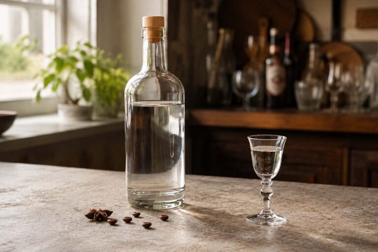 Photorealistic still life of a clear bottle filled with colorless sambuca beside a small stemmed glass containing the liqueur on a light stone kitchen counter. A cork-topped bottle stands in the center, with several coffee beans and a star anise pod scattered in front. Warm natural light enters through a nearby window, illuminating green potted plants, while a softly blurred rustic bar area with glassware and bottles appears in the background.