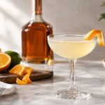 A pale citrus cocktail in a clear coupe glass sits on a light marble countertop, garnished with a curled orange peel. Behind the drink is a softly blurred amber-colored triple sec liqueur bottle, while fresh oranges, a lime, and sliced citrus rest on a wooden cutting board nearby. A folded striped kitchen towel, small bowl of citrus pieces, brass cocktail jigger, and leafy plant add natural detail to the warmly lit setting.