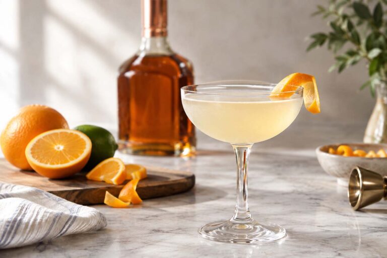 A pale citrus cocktail in a clear coupe glass sits on a light marble countertop, garnished with a curled orange peel. Behind the drink is a softly blurred amber-colored triple sec liqueur bottle, while fresh oranges, a lime, and sliced citrus rest on a wooden cutting board nearby. A folded striped kitchen towel, small bowl of citrus pieces, brass cocktail jigger, and leafy plant add natural detail to the warmly lit setting.