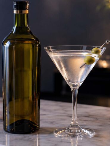 a vermouth bottle beside a classic martini glass with an olive garnish on a marble bar counter, soft cool evening lighting