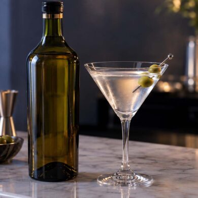 a vermouth bottle beside a classic martini glass with an olive garnish on a marble bar counter, soft cool evening lighting