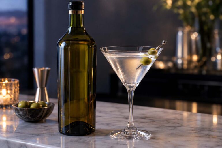 a vermouth bottle beside a classic martini glass with an olive garnish on a marble bar counter, soft cool evening lighting