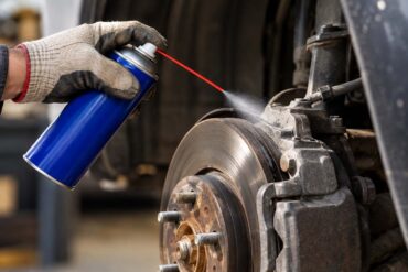 Close-up view inside a vehicle’s wheel well showing a gloved hand holding a plain blue aerosol spray can with a thin red straw nozzle. A fine mist is being sprayed from the straw onto a dusty, weathered brake caliper and brake rotor. The exposed wheel hub and several wheel studs are visible in the foreground, with rust and grime on the surrounding metal components. The background is softly blurred, emphasizing the can, spray, and brake assembly.