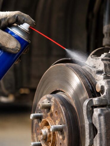Close-up view inside a vehicle’s wheel well showing a gloved hand holding a plain blue aerosol spray can with a thin red straw nozzle. A fine mist is being sprayed from the straw onto a dusty, weathered brake caliper and brake rotor. The exposed wheel hub and several wheel studs are visible in the foreground, with rust and grime on the surrounding metal components. The background is softly blurred, emphasizing the can, spray, and brake assembly.