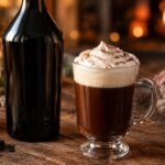 a Baileys-style cream liqueur bottle beside a glass of coffee topped with a swirl of cream, set on a rustic wooden table, warm cozy lighting