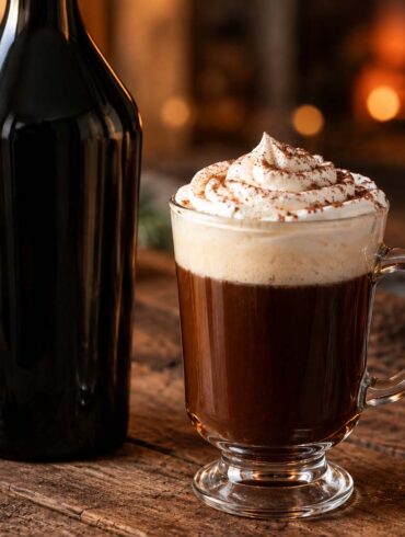 a Baileys-style cream liqueur bottle beside a glass of coffee topped with a swirl of cream, set on a rustic wooden table, warm cozy lighting