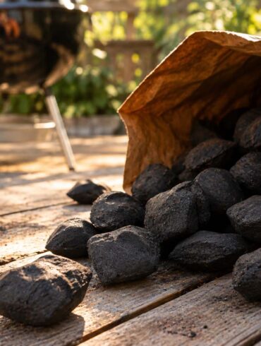 charcoal briquettes spilling out of an open paper bag onto a weathered wooden patio deck, a grill visible softly out of focus in the background, warm late-afternoon sunlight