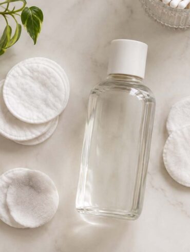 a clear glass bottle of nail polish remover with cotton pads scattered around it on a white bathroom vanity
