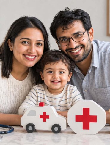 Smiling family of three gathered behind a kitchen counter with a toddler, alongside a toy ambulance, red medical cross, house, and stethoscope representing family healthcare and home medical care.