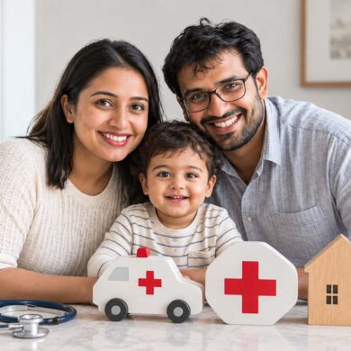 Smiling family of three gathered behind a kitchen counter with a toddler, alongside a toy ambulance, red medical cross, house, and stethoscope representing family healthcare and home medical care.