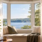 A bright, cozy reading nook centered around a white-trimmed three-pane bay window overlooking a peaceful blue lake, wooded shoreline, and small sailboat beneath a clear sky. Sheer oatmeal-colored curtains frame the window, while a cushioned window seat holds neutral and olive-green pillows and a textured throw. Warm sunlight falls across the seat and floor, with a small round wooden table in the foreground holding a ceramic mug and closed book beside a leafy potted plant, creating an inviting, serene home interior.
