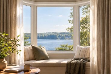 A bright, cozy reading nook centered around a white-trimmed three-pane bay window overlooking a peaceful blue lake, wooded shoreline, and small sailboat beneath a clear sky. Sheer oatmeal-colored curtains frame the window, while a cushioned window seat holds neutral and olive-green pillows and a textured throw. Warm sunlight falls across the seat and floor, with a small round wooden table in the foreground holding a ceramic mug and closed book beside a leafy potted plant, creating an inviting, serene home interior.