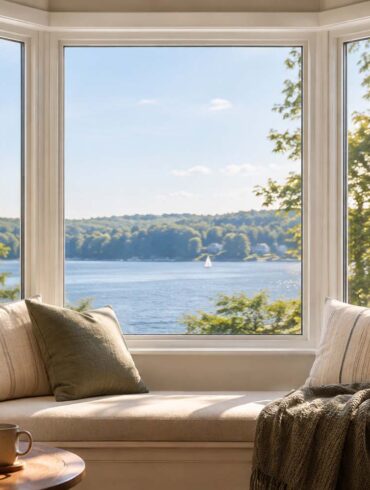 A bright, cozy reading nook centered around a white-trimmed three-pane bay window overlooking a peaceful blue lake, wooded shoreline, and small sailboat beneath a clear sky. Sheer oatmeal-colored curtains frame the window, while a cushioned window seat holds neutral and olive-green pillows and a textured throw. Warm sunlight falls across the seat and floor, with a small round wooden table in the foreground holding a ceramic mug and closed book beside a leafy potted plant, creating an inviting, serene home interior.