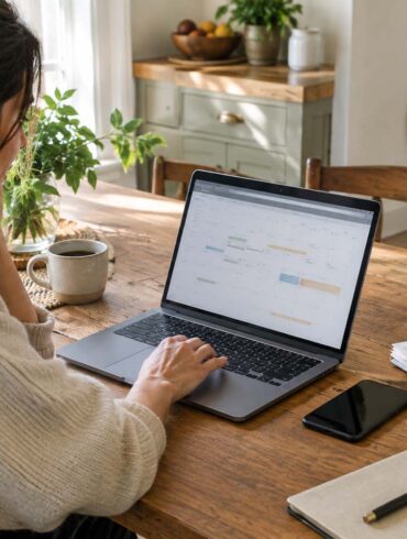 A woman in a cream knit sweater sits at a wooden kitchen table in warm natural light, calmly reviewing information on a laptop. The laptop sits beside a ceramic coffee mug, small potted plant, smartphone, pen, notebook, and a stack of unopened envelopes and household mail. The bright, lived-in kitchen in the background includes wood cabinetry, plants, woven textiles, and natural decor. The relaxed setting conveys planning ahead and staying organized with personal finances rather than dealing with an urgent financial problem.
