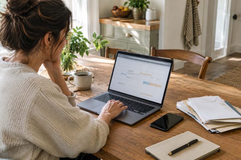 A woman in a cream knit sweater sits at a wooden kitchen table in warm natural light, calmly reviewing information on a laptop. The laptop sits beside a ceramic coffee mug, small potted plant, smartphone, pen, notebook, and a stack of unopened envelopes and household mail. The bright, lived-in kitchen in the background includes wood cabinetry, plants, woven textiles, and natural decor. The relaxed setting conveys planning ahead and staying organized with personal finances rather than dealing with an urgent financial problem.