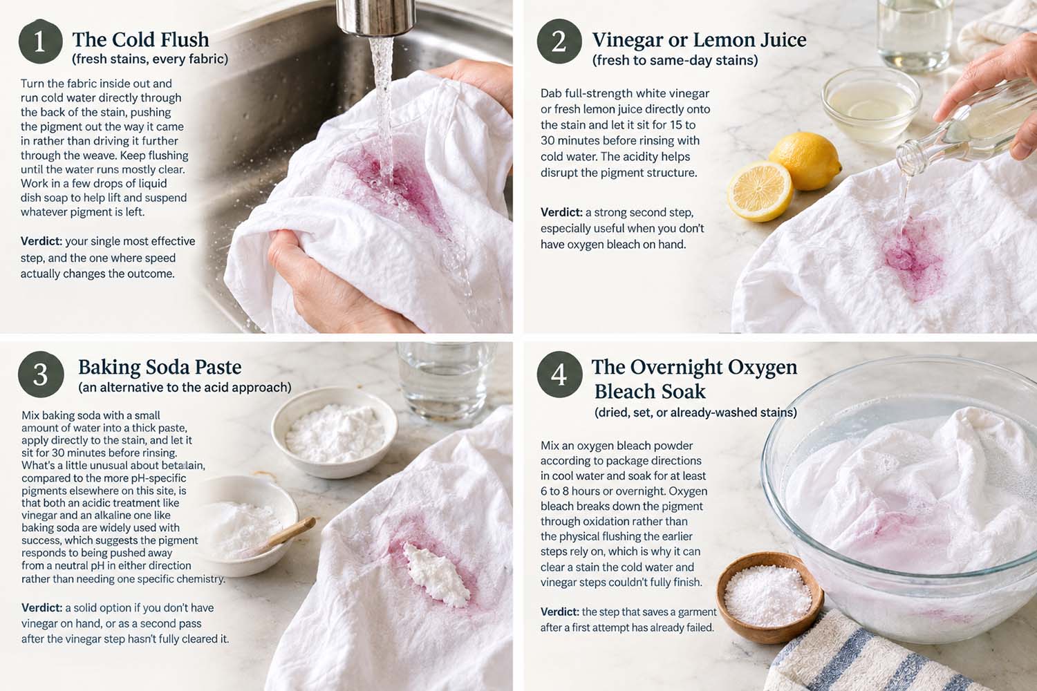 Four-panel instructional graphic showing four methods for removing beet stains from clothing. Panel one shows a white garment being rinsed with cold running water over a sink to flush a fresh purple-red stain from the fabric. Panel two shows white vinegar and a lemon beside a stained white shirt on a light countertop. Panel three shows baking soda paste being applied to a pink beet stain on white fabric, with a small bowl of baking soda and spoon nearby. Panel four shows a white garment soaking in a glass bowl of cool water with oxygen bleach powder beside it, representing treatment for dried, set-in, or previously washed beet stains.