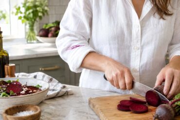 Close-up of a woman wearing a white button-down shirt while slicing deep purple beets on a wooden cutting board in a bright kitchen. A thin vivid magenta beet juice stain runs across the rolled-up sleeve of her shirt. Sliced beets, beet greens, a bowl of beet salad, a bottle of oil, salt, and a striped kitchen towel surround the cutting board on a light marble countertop, with natural window light and softly blurred kitchen details in the background.