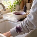 A close-up, warmly lit kitchen scene shows a person leaning over a large white farmhouse-style sink while wearing a light gray sweatshirt with a prominent dark purple hair-dye stain across the sleeve near the cuff. A brushed-metal gooseneck faucet and separate handle are positioned beside the sink. On the light marble countertop behind the sink, a ceramic bowl contains dark purple hair dye with a dye brush resting beside it, while an unbranded dark bottle stands nearby. A potted green plant sits near a sunlit window, and a striped linen towel and wooden kitchen utensils add natural detail. Soft morning sunlight creates warm highlights and gentle shadows across the counter, giving the scene a realistic, lived-in feel.