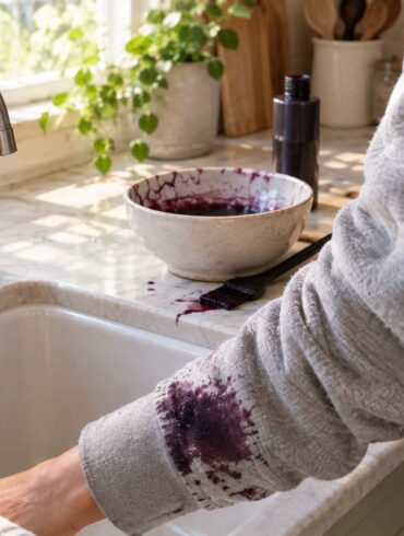 A close-up, warmly lit kitchen scene shows a person leaning over a large white farmhouse-style sink while wearing a light gray sweatshirt with a prominent dark purple hair-dye stain across the sleeve near the cuff. A brushed-metal gooseneck faucet and separate handle are positioned beside the sink. On the light marble countertop behind the sink, a ceramic bowl contains dark purple hair dye with a dye brush resting beside it, while an unbranded dark bottle stands nearby. A potted green plant sits near a sunlit window, and a striped linen towel and wooden kitchen utensils add natural detail. Soft morning sunlight creates warm highlights and gentle shadows across the counter, giving the scene a realistic, lived-in feel.
