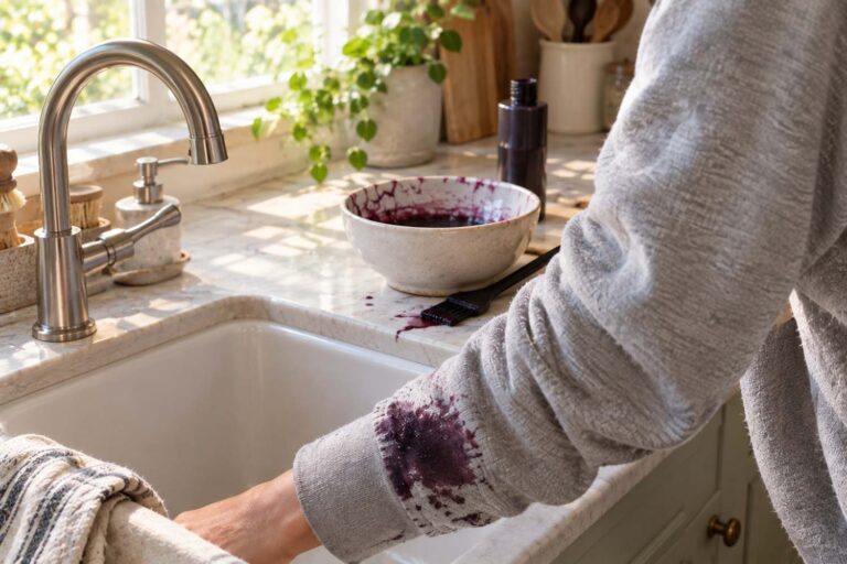 A close-up, warmly lit kitchen scene shows a person leaning over a large white farmhouse-style sink while wearing a light gray sweatshirt with a prominent dark purple hair-dye stain across the sleeve near the cuff. A brushed-metal gooseneck faucet and separate handle are positioned beside the sink. On the light marble countertop behind the sink, a ceramic bowl contains dark purple hair dye with a dye brush resting beside it, while an unbranded dark bottle stands nearby. A potted green plant sits near a sunlit window, and a striped linen towel and wooden kitchen utensils add natural detail. Soft morning sunlight creates warm highlights and gentle shadows across the counter, giving the scene a realistic, lived-in feel.