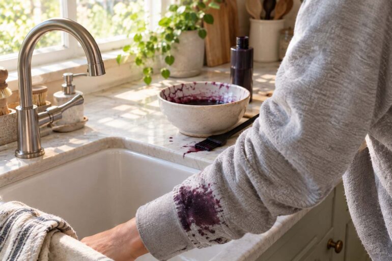 A close-up, warmly lit kitchen scene shows a person leaning over a large white farmhouse-style sink while wearing a light gray sweatshirt with a prominent dark purple hair-dye stain across the sleeve near the cuff. A brushed-metal gooseneck faucet and separate handle are positioned beside the sink. On the light marble countertop behind the sink, a ceramic bowl contains dark purple hair dye with a dye brush resting beside it, while an unbranded dark bottle stands nearby. A potted green plant sits near a sunlit window, and a striped linen towel and wooden kitchen utensils add natural detail. Soft morning sunlight creates warm highlights and gentle shadows across the counter, giving the scene a realistic, lived-in feel.