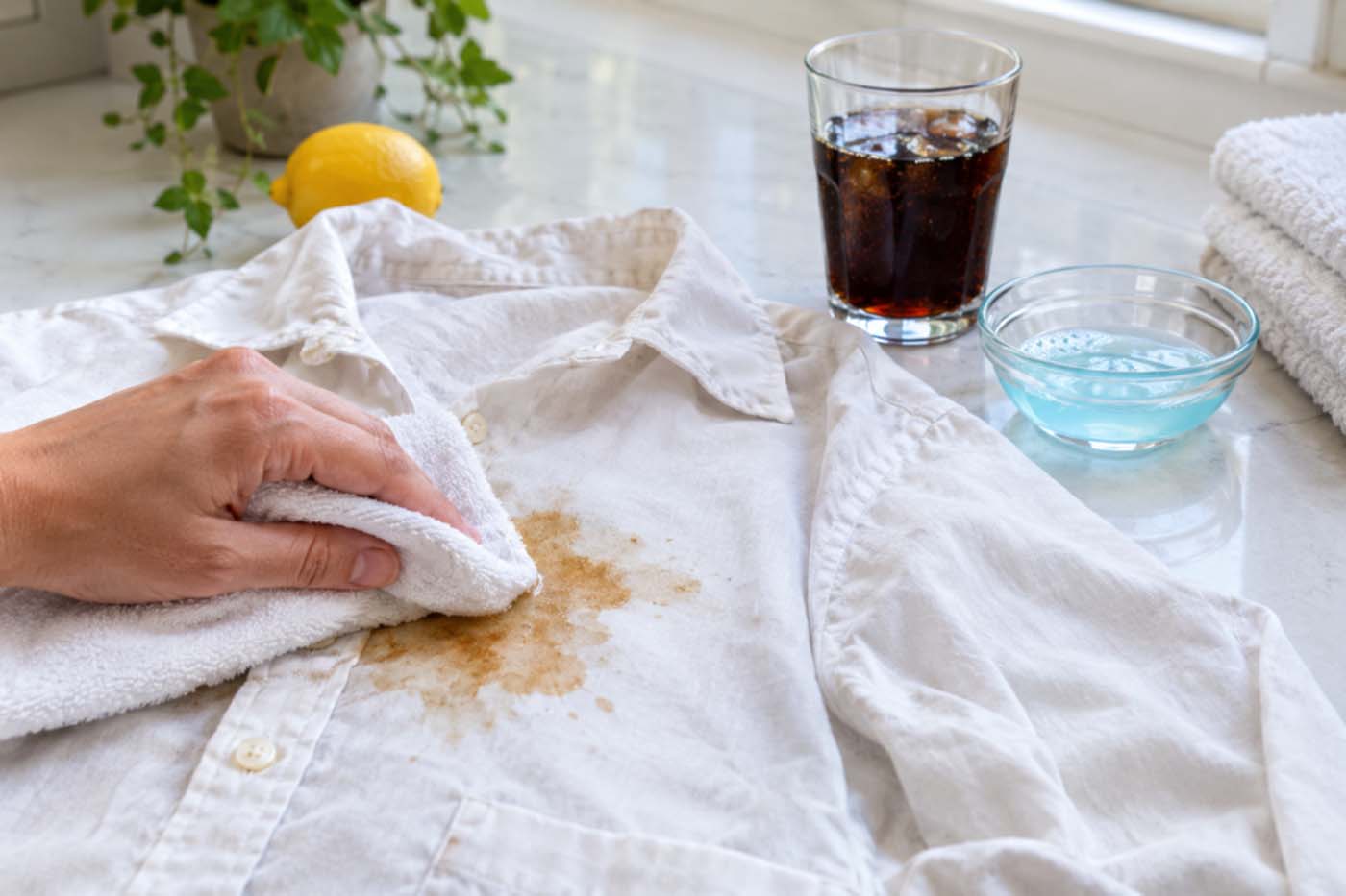 White button-up shirt with a large brown cola stain on the front as a hand presses a folded white towel against the stain. A glass of dark soda, small bowl of blue cleaning solution, lemon, folded towels, and green houseplant sit nearby on a bright marble countertop beside a sunlit window.