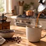 A warm, sunlit kitchen counter features a glass French press pouring freshly brewed coffee into a large speckled ceramic mug, with steam rising from the coffee. A small ceramic creamer filled with milk sits beside the mug, while a bowl of coffee beans, scattered beans, a vintage manual coffee grinder, and a folded linen towel add texture to the wooden countertop. In the softly blurred background, a kitchen stove and copper saucepan suggest a simmering pot, while natural morning light streams through a nearby window, creating a cozy, inviting atmosphere.