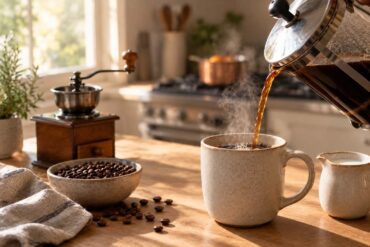 A warm, sunlit kitchen counter features a glass French press pouring freshly brewed coffee into a large speckled ceramic mug, with steam rising from the coffee. A small ceramic creamer filled with milk sits beside the mug, while a bowl of coffee beans, scattered beans, a vintage manual coffee grinder, and a folded linen towel add texture to the wooden countertop. In the softly blurred background, a kitchen stove and copper saucepan suggest a simmering pot, while natural morning light streams through a nearby window, creating a cozy, inviting atmosphere.