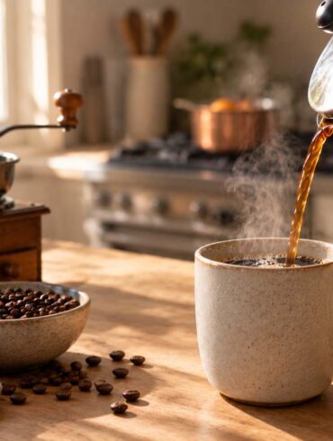 A warm, sunlit kitchen counter features a glass French press pouring freshly brewed coffee into a large speckled ceramic mug, with steam rising from the coffee. A small ceramic creamer filled with milk sits beside the mug, while a bowl of coffee beans, scattered beans, a vintage manual coffee grinder, and a folded linen towel add texture to the wooden countertop. In the softly blurred background, a kitchen stove and copper saucepan suggest a simmering pot, while natural morning light streams through a nearby window, creating a cozy, inviting atmosphere.