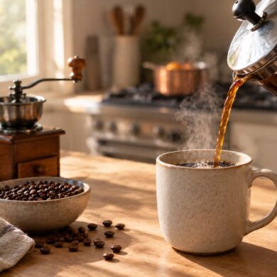 A warm, sunlit kitchen counter features a glass French press pouring freshly brewed coffee into a large speckled ceramic mug, with steam rising from the coffee. A small ceramic creamer filled with milk sits beside the mug, while a bowl of coffee beans, scattered beans, a vintage manual coffee grinder, and a folded linen towel add texture to the wooden countertop. In the softly blurred background, a kitchen stove and copper saucepan suggest a simmering pot, while natural morning light streams through a nearby window, creating a cozy, inviting atmosphere.