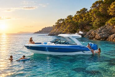 A sleek blue-and-white Formula powerboat anchored in crystal-clear turquoise water along a sunlit rocky coastline, with several people relaxing on and around the boat during golden hour.