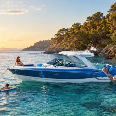A sleek blue-and-white Formula powerboat anchored in crystal-clear turquoise water along a sunlit rocky coastline, with several people relaxing on and around the boat during golden hour.
