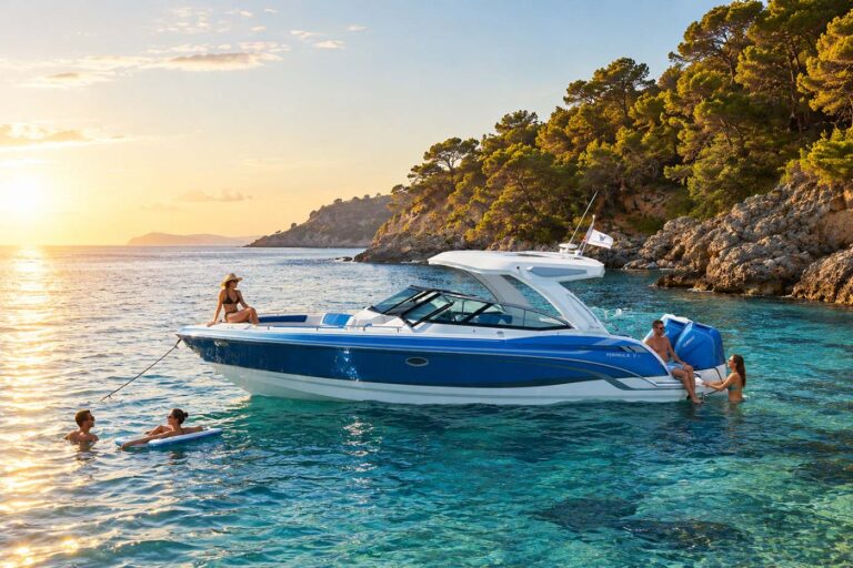 A sleek blue-and-white Formula powerboat anchored in crystal-clear turquoise water along a sunlit rocky coastline, with several people relaxing on and around the boat during golden hour.