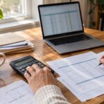 A warmly lit home office desk with an open laptop displaying a softly blurred spreadsheet, surrounded by a small stack of paperwork and folders. In the foreground, two sweater-covered hands work on business finances, with one hand pressing buttons on a calculator while the other writes on an invoice or spreadsheet with a pen. A ceramic mug of coffee sits on a cork coaster nearby, alongside a leafy houseplant, while natural daylight enters through a window in the background.