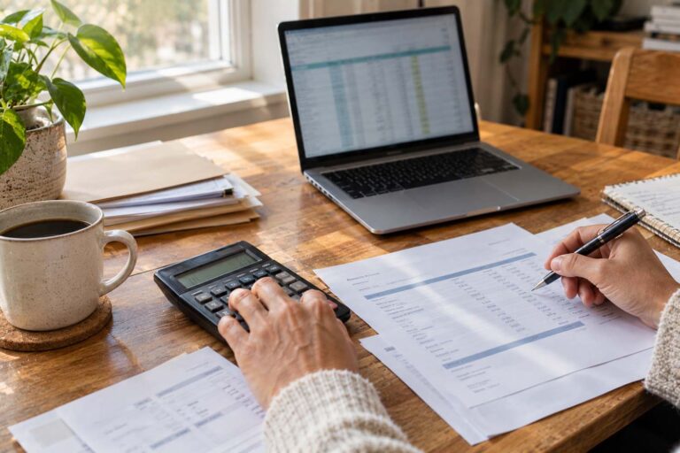 A warmly lit home office desk with an open laptop displaying a softly blurred spreadsheet, surrounded by a small stack of paperwork and folders. In the foreground, two sweater-covered hands work on business finances, with one hand pressing buttons on a calculator while the other writes on an invoice or spreadsheet with a pen. A ceramic mug of coffee sits on a cork coaster nearby, alongside a leafy houseplant, while natural daylight enters through a window in the background.