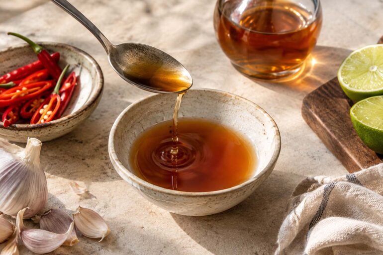 Fish sauce being poured from a spoon into a ceramic bowl, surrounded by red chilies, garlic cloves, lime halves, and a glass of amber fish sauce on a stone countertop.