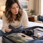 Woman in a hotel room holding a black power bank while packing an open suitcase containing a camera, laptop, spare battery, medication, and folded clothes.