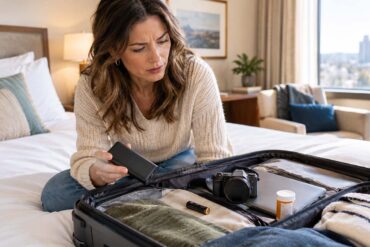 Woman in a hotel room holding a black power bank while packing an open suitcase containing a camera, laptop, spare battery, medication, and folded clothes.