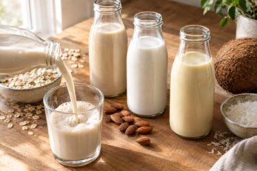 A close-up of three unlabeled glass bottles containing different types of plant-based milk, including beige oat milk, white almond milk, and pale golden milk, arranged on a warm wooden kitchen counter. One bottle is tilted and pouring milk into a clear glass, while rolled oats, whole almonds, shredded coconut, a whole coconut, fresh herbs, and a linen cloth surround the bottles in soft natural window light.